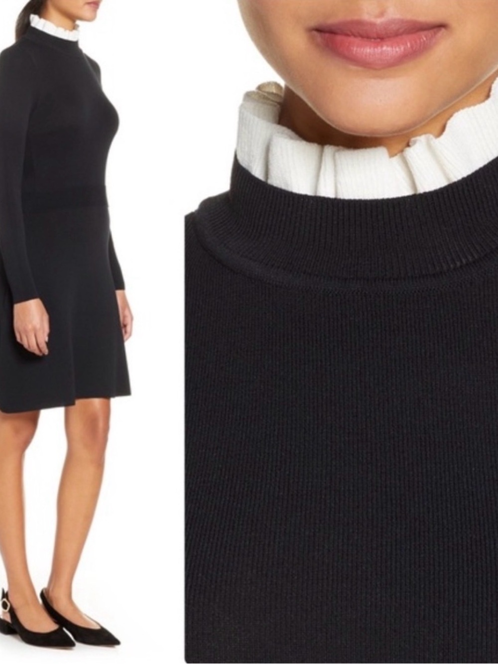 1901 Ruffle Neck Long Sleeve Black Sweater Dress Womens Size Medium Stretch